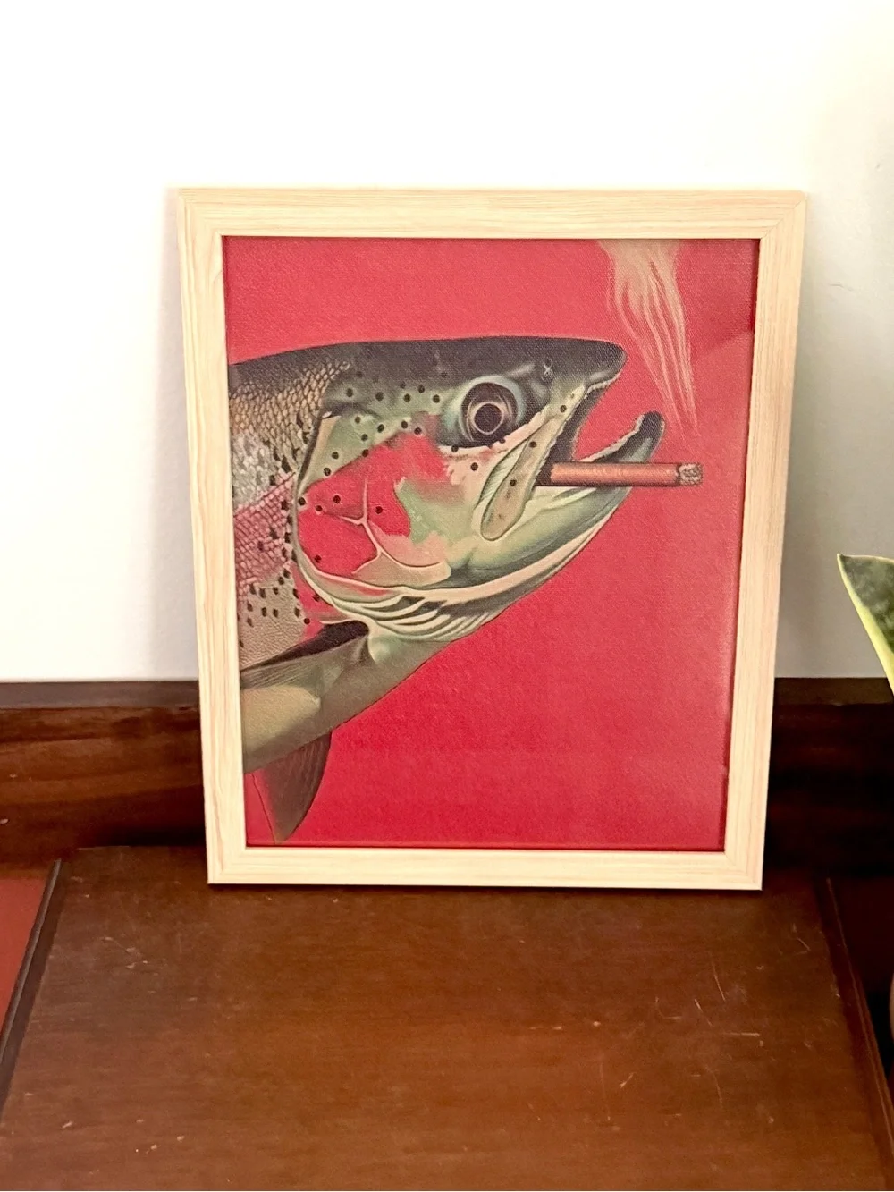 Trout Fish Smoking a Cigarette Vintage Style Canvas Wall Art Print Wood Framed